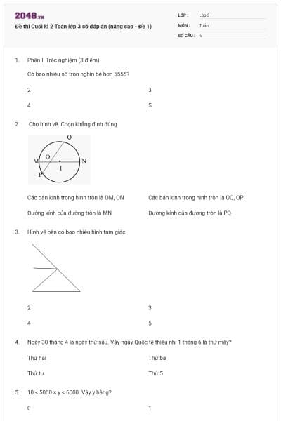 Đề thi Cuối kì 2 Toán lớp 3 có đáp án (nâng cao - Đề 1)
