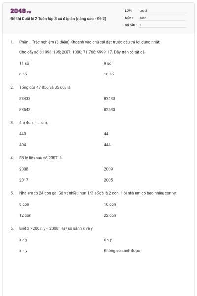 Đề thi Cuối kì 2 Toán lớp 3 có đáp án (nâng cao - Đề 2)