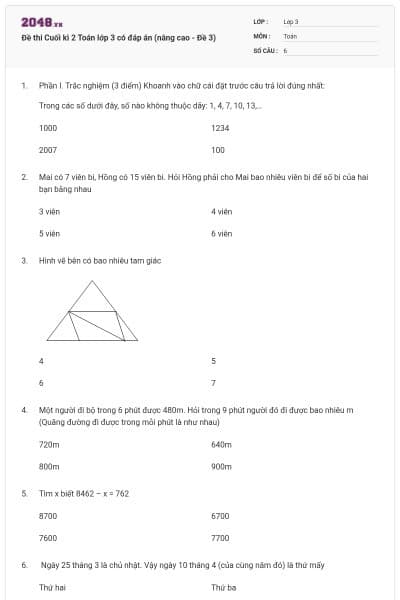 Đề thi Cuối kì 2 Toán lớp 3 có đáp án (nâng cao - Đề 3)