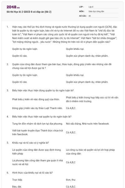 Đề thi Học kì 2 GDCD 8 có đáp án (Đề 2)