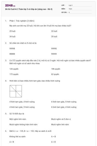 Đề thi Cuối kì 2 Toán lớp 3 có đáp án (nâng cao - Đề 4)