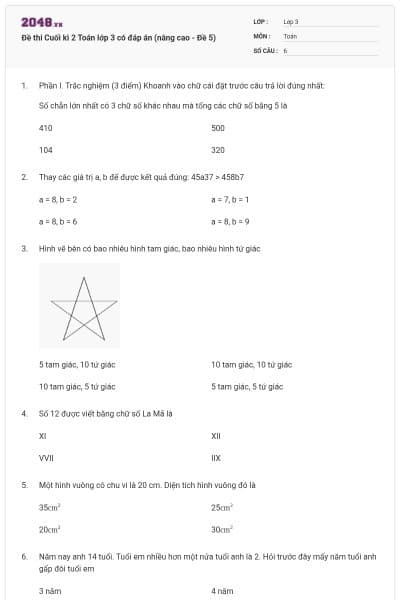 Đề thi Cuối kì 2 Toán lớp 3 có đáp án (nâng cao - Đề 5)