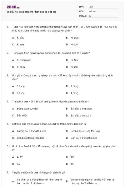 25 câu hỏi Trắc nghiệm Phân bào có đáp án