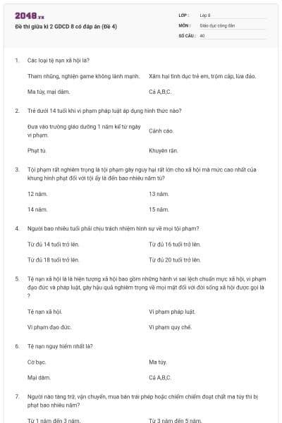 Đề thi giữa kì 2 GDCD 8 có đáp án (Đề 4)