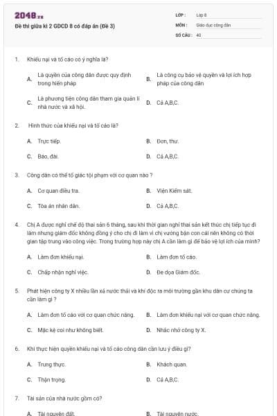 Đề thi giữa kì 2 GDCD 8 có đáp án (Đề 3)