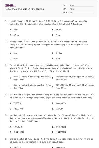 16 BÀI TOÁN VỀ CƯỜNG ĐỘ ĐIỆN TRƯỜNG