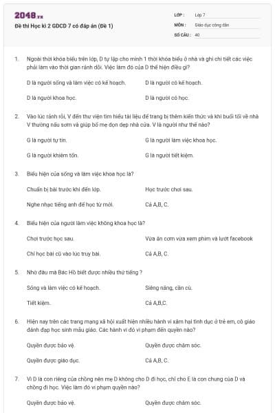 Đề thi Học kì 2 GDCD 7 có đáp án (Đề 1)