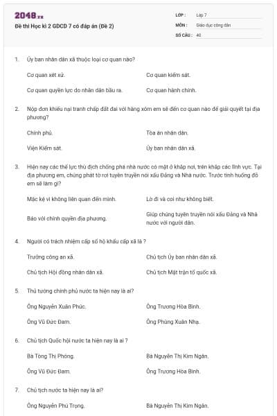Đề thi Học kì 2 GDCD 7 có đáp án (Đề 2)