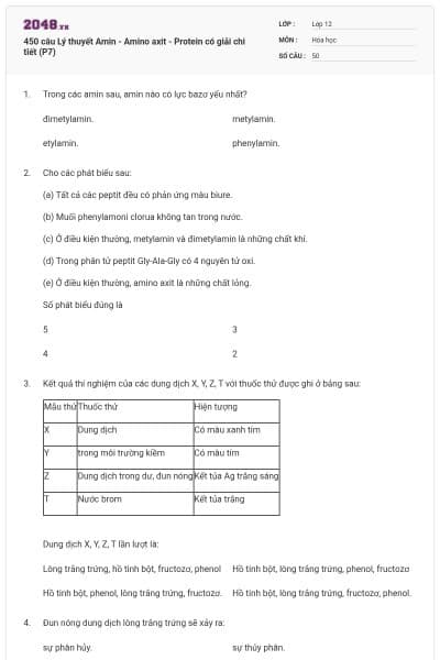 450 câu Lý thuyết Amin - Amino axit - Protein có giải chi tiết (P7)
