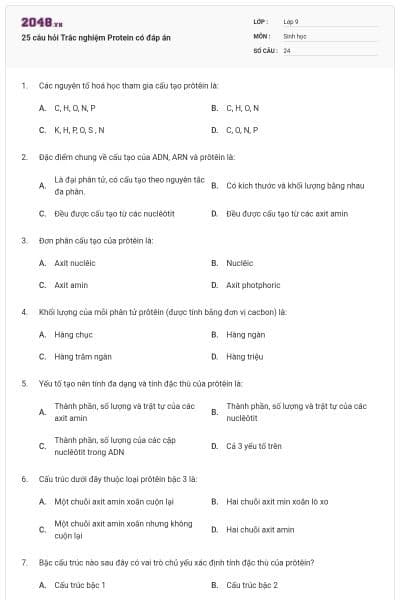 25 câu hỏi Trắc nghiệm Protein có đáp án