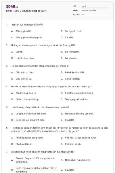 Đề thi Học kì 2 GDCD 8 có đáp án (Đề 4)