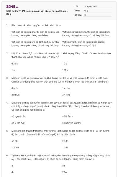 5 Đề thi thử THPT quốc gia môn Vật Lí cực hay có lời giải - Đề 2