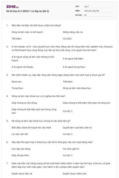 Đề thi Học kì 2 GDCD 7 có đáp án (Đề 3)