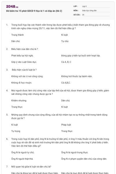 Đề kiểm tra 15 phút GDCD 9 Học kì 1 có đáp án (Đề 2)