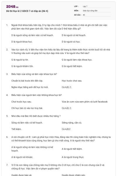 Đề thi Học kì 2 GDCD 7 có đáp án (Đề 4)
