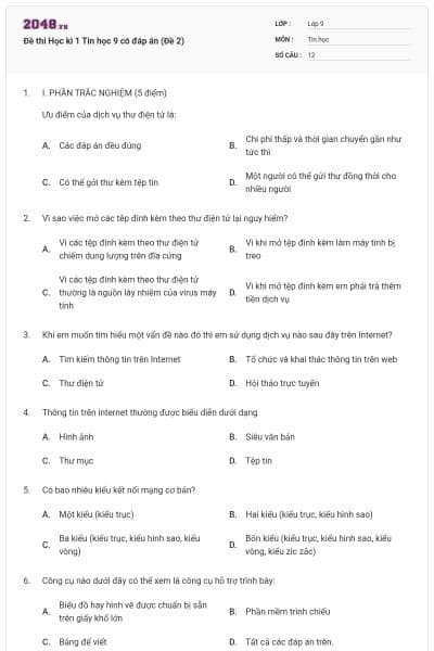 Đề thi Học kì 1 Tin học 9 có đáp án (Đề 2)