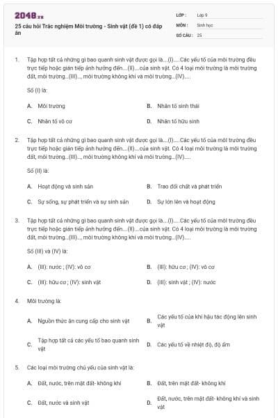 25 câu hỏi Trắc nghiệm Môi trường - Sinh vật (đề 1) có đáp án