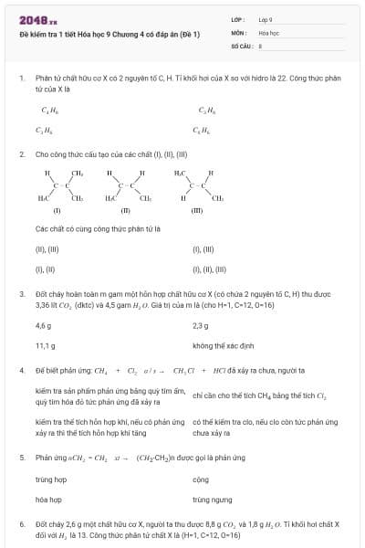 Đề kiểm tra 1 tiết Hóa học 9 Chương 4 có đáp án (Đề 1)