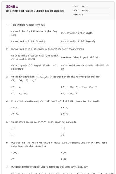Đề kiểm tra 1 tiết Hóa học 9 Chương 4 có đáp án (Đề 2)