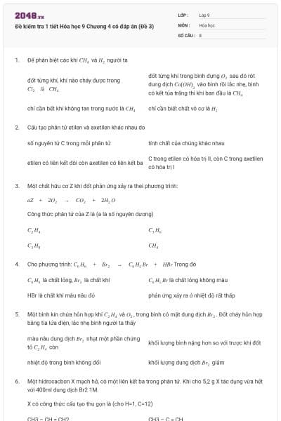 Đề kiểm tra 1 tiết Hóa học 9 Chương 4 có đáp án (Đề 3)