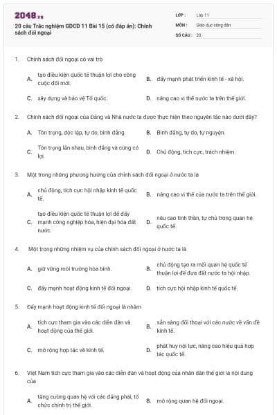 20 câu Trắc nghiệm GDCD 11 Bài 15 (có đáp án): Chính sách đối ngoại
