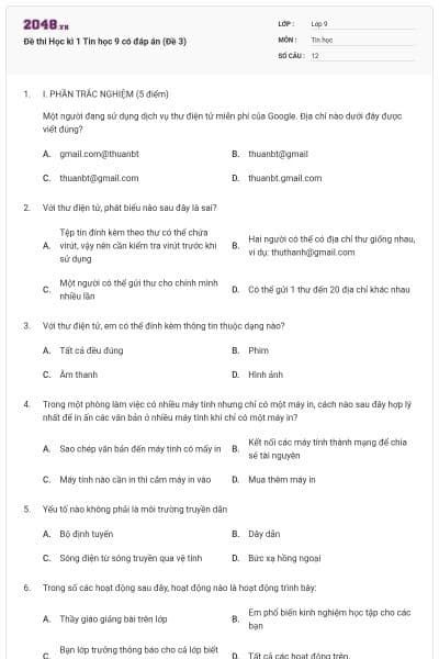 Đề thi Học kì 1 Tin học 9 có đáp án (Đề 3)