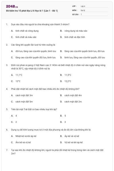 Đề kiểm tra 15 phút Địa Lí 6 Học kì 1 (Lần 1 - Đề 1)