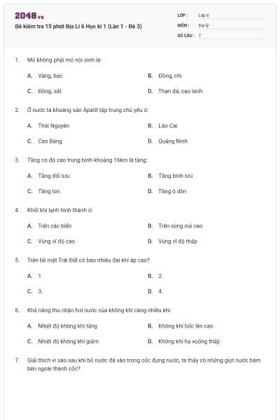 Đề kiểm tra 15 phút Địa Lí 6 Học kì 1 (Lần 1 - Đề 3)