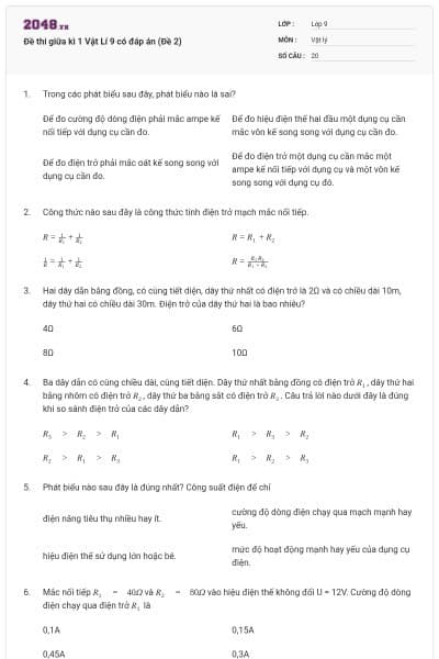 Đề thi giữa kì 1 Vật Lí 9 có đáp án (Đề 2)