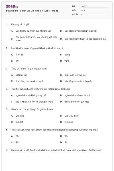 Đề kiểm tra 15 phút Địa Lí 6 Học kì 1 (Lần 1 - Đề 4)
