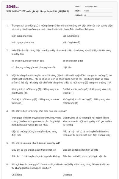 5 Đề thi thử THPT quốc gia Vật Lí cực hay có lời giải (Đề 5)