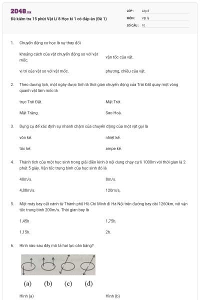 Đề kiểm tra 15 phút Vật Lí 8 Học kì 1 có đáp án (Đề 1)