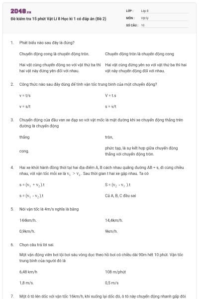 Đề kiểm tra 15 phút Vật Lí 8 Học kì 1 có đáp án (Đề 2)