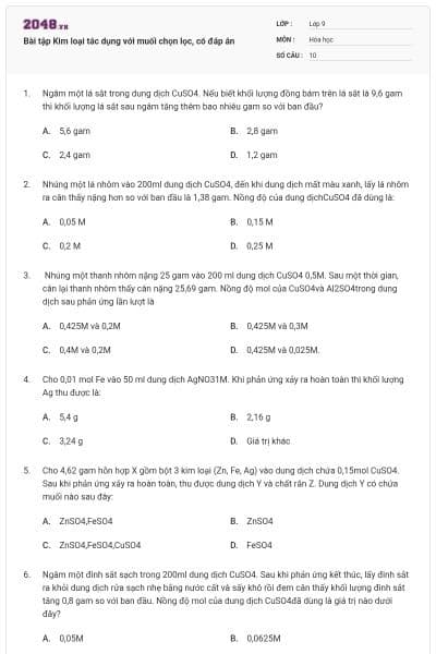 Bài tập Kim loại tác dụng với muối chọn lọc, có đáp án