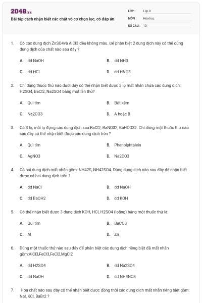 Bài tập cách nhận biết các chất vô cơ chọn lọc, có đáp án