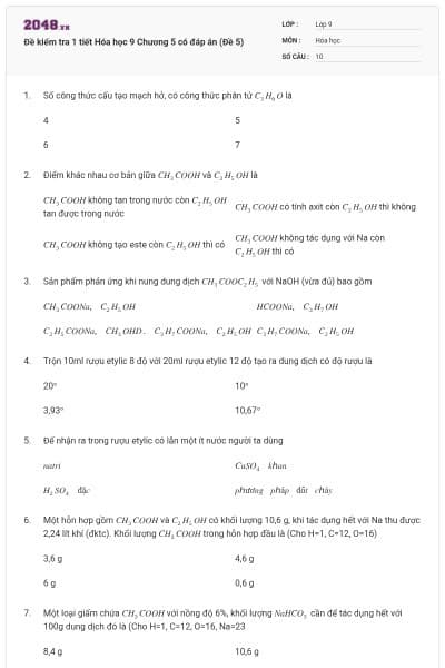 Đề kiểm tra 1 tiết Hóa học 9 Chương 5 có đáp án (Đề 5)