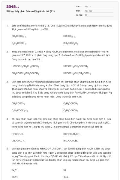 Bài tập thủy phân Este có lời giải chi tiết (P1)