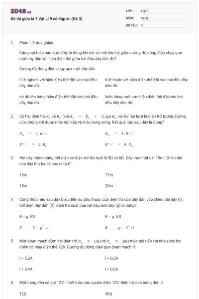 Đề thi giữa kì 1 Vật Lí 9 có đáp án (Đề 3)