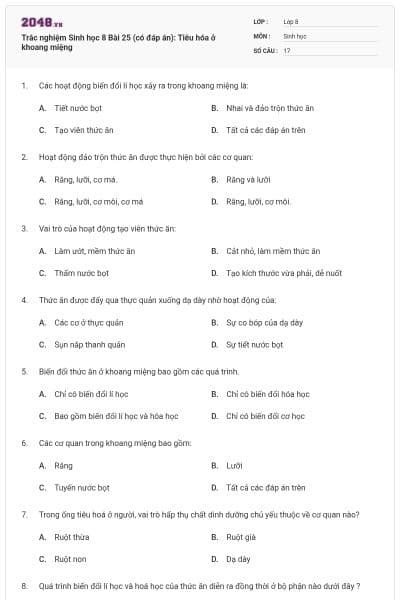 Trắc nghiệm Sinh học 8 Bài 25 (có đáp án): Tiêu hóa ở khoang miệng