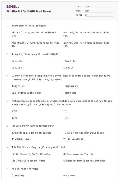 Đề thi Học kì 2 Địa Lí 6 (Đề 4) (có đáp án)