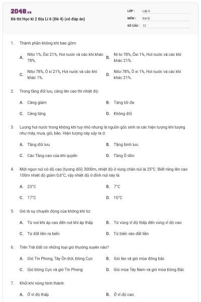 Đề thi Học kì 2 Địa Lí 6 (Đề 4) (có đáp án)