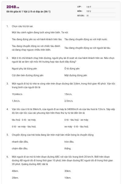 Đề thi giữa kì 1 Vật Lí 8 có đáp án (Đề 1)