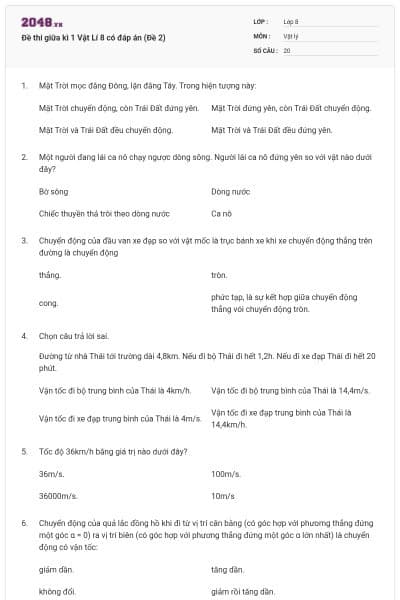 Đề thi giữa kì 1 Vật Lí 8 có đáp án (Đề 2)