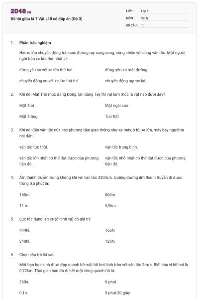 Đề thi giữa kì 1 Vật Lí 8 có đáp án (Đề 3)