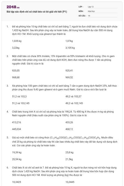 Bài tập xác định chỉ số chất béo có lời giải chi tiết (P1)