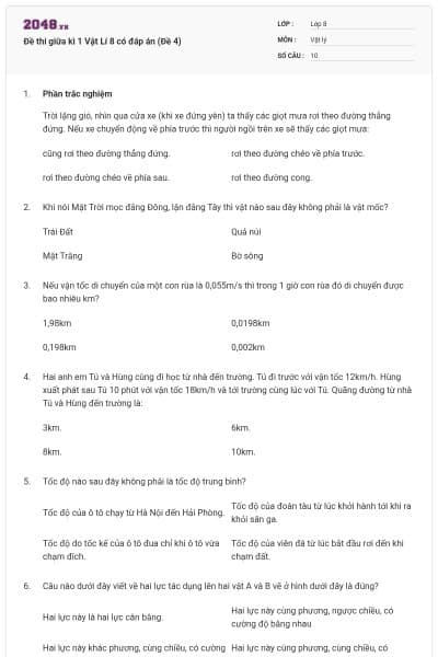 Đề thi giữa kì 1 Vật Lí 8 có đáp án (Đề 4)