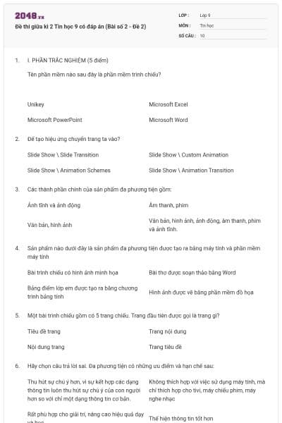 Đề thi giữa kì 2 Tin học 9 có đáp án (Bài số 2 - Đề 2)