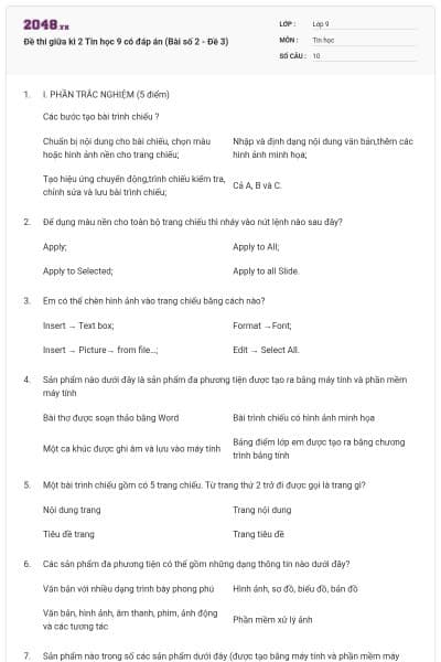 Đề thi giữa kì 2 Tin học 9 có đáp án (Bài số 2 - Đề 3)