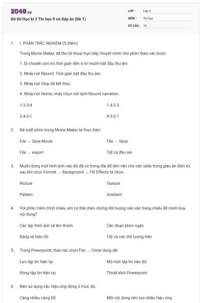 Đề thi Học kì 2 Tin học 9 có đáp án (Đề 1)