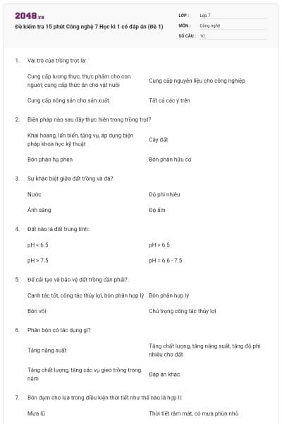 Đề kiểm tra 15 phút Công nghệ 7 Học kì 1 có đáp án (Đề 1)